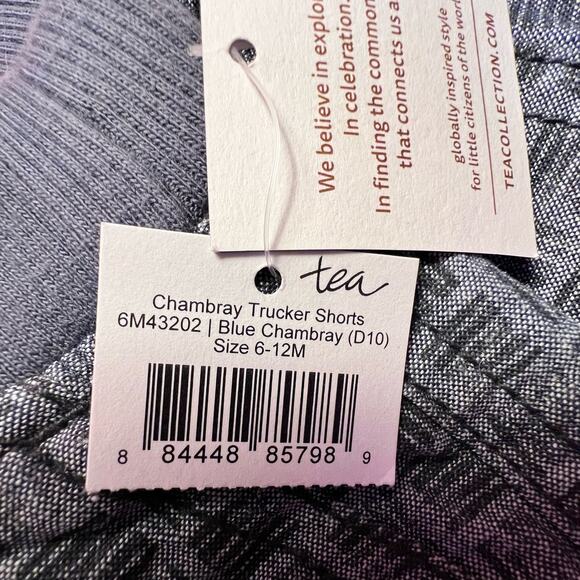 Tea Collection Boys Trucker Shorts Size 6-12M Blue Chambray Linen Cotton Pull On - Picture 6 of 6